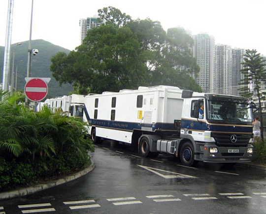 the super swanky air-conditioned rockstar horse vans from the Hong Kong Jockey Club