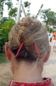 Ashley sports her chopsticks