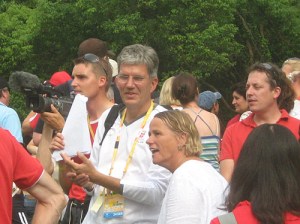 Danish dressage rider Andreas Helgestrand (with paper in front of face) came to watch