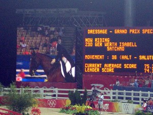 Isabell's 83% stayed until the first piaffe when Satchmo all of a sudden hit the bit and flew backwards. It was scary because it almost looked like they were going to leave the ring at C! Luckily Isabell was able to get things back on track but it was costly and dropped their score substantially. But they still won the test.
