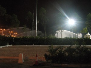 time to get to bed after a superb night of nailbiting dressage. Notice the rings in the background getting doused by a very high-powered and far-reaching sprinklers