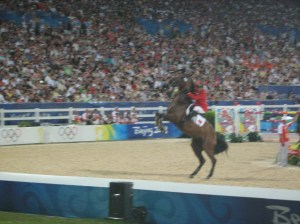 One of the unexpected events that happened tonight was this horse who didn't want to even go into the ring! He kept rearing and spinning. Believe it or not, his rider managed to finally get him on course.
