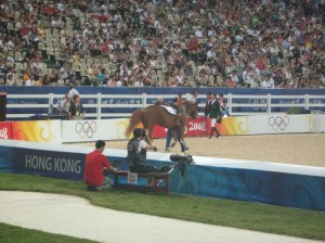 ....although they looked great, they met their fate at the 2nd last fence (the massive oxer) where the horse fell.