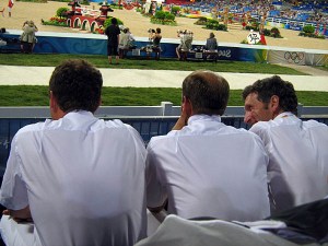 the German team analyze early rounds....unfortunately for them they finished the night with 34 faults