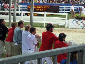 watching the last American rider to go to see if there will be a jump-off for Gold (Beezie Madden and Authentic)